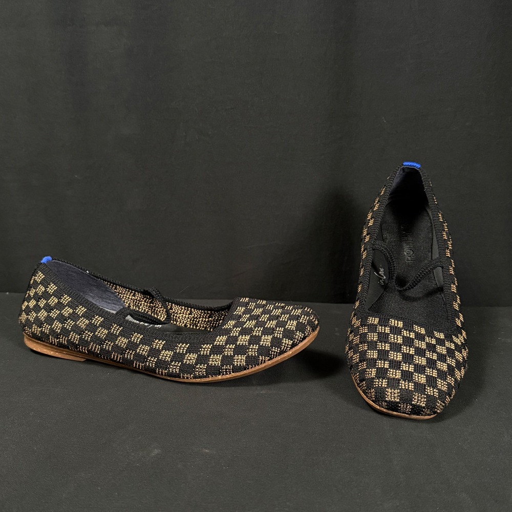 Rothys The Max Square Mary Jane Flats Night Song Black Tan Checkerboard Size 7.5